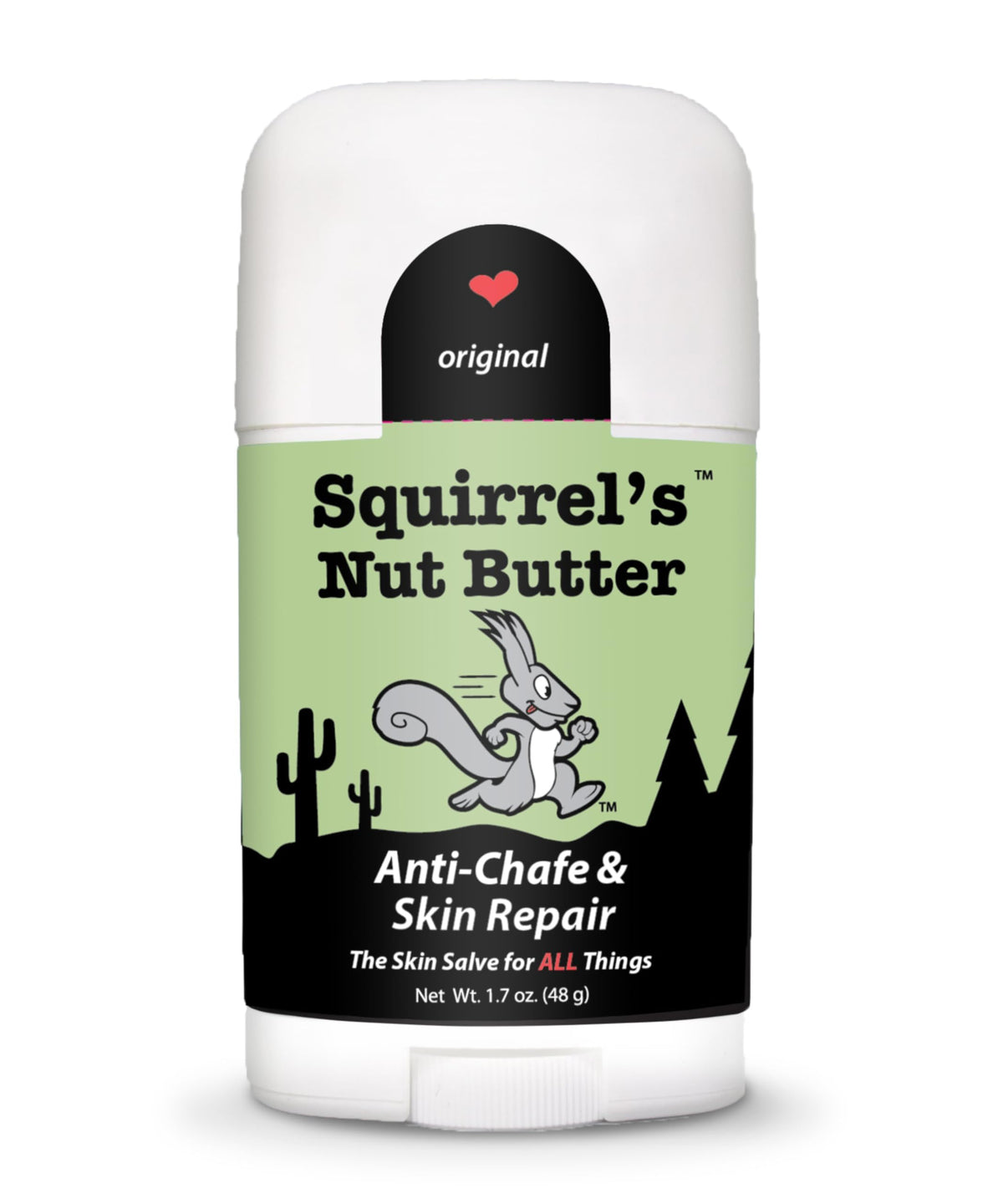 Squirrel's Nut Butter front packaging shows compact chafe stick and label benefit
