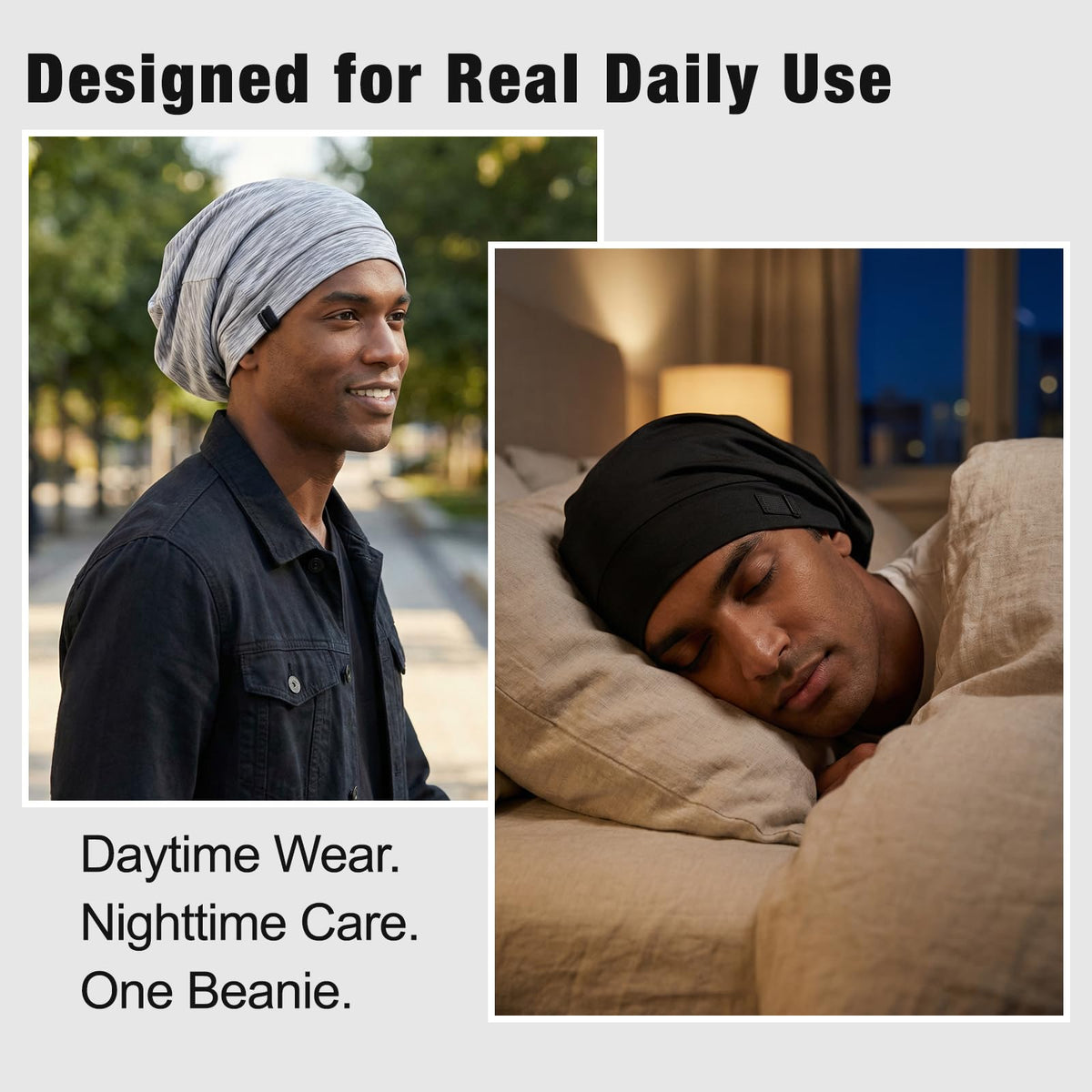 Srevela worn as daytime beanie offering protective style and breathability