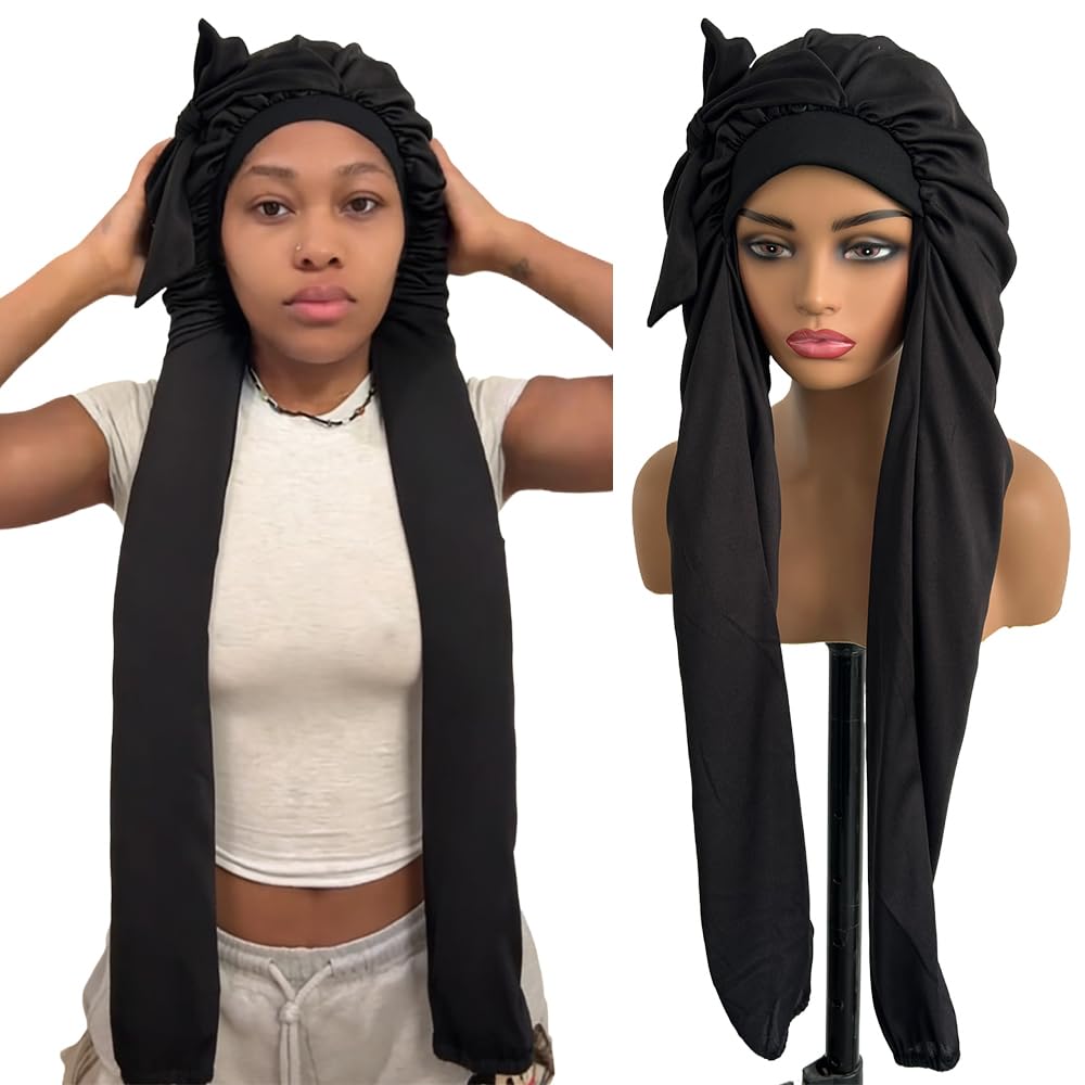 Ssawhair bonnet front view shows secure fit and sleek black style benefit
