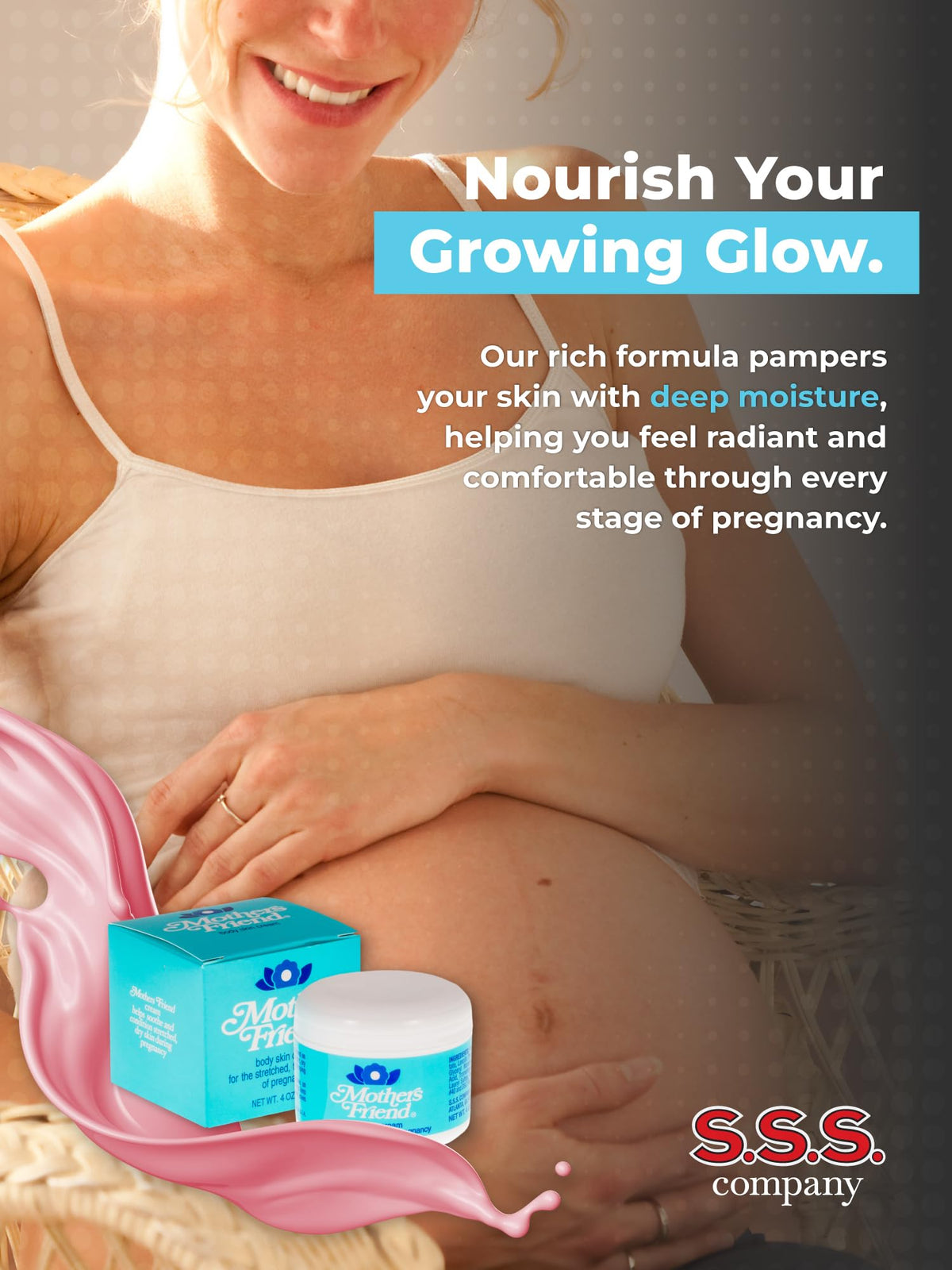 S.S.S. CO. pregnant woman relaxed using cream to relieve tight skin