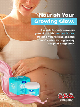 S.S.S. CO. pregnant woman relaxed using cream to relieve tight skin