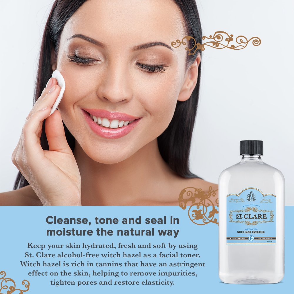 St Clare pouring toner into hand demonstrating gentle, alcohol-free use