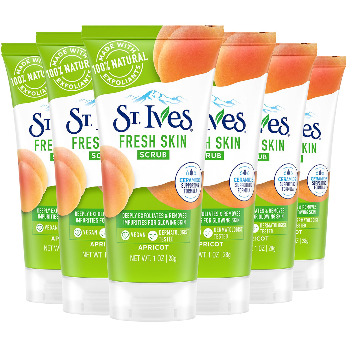 St. Ives front packaging showing six travel-size scrub tubes and benefits