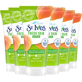 St. Ives front packaging showing six travel-size scrub tubes and benefits