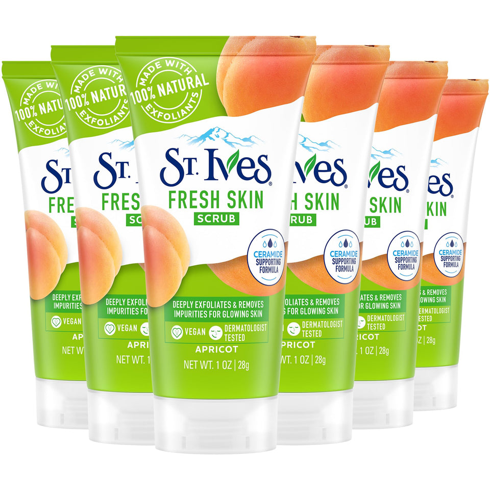 St. Ives front packaging showing six travel-size scrub tubes and benefits