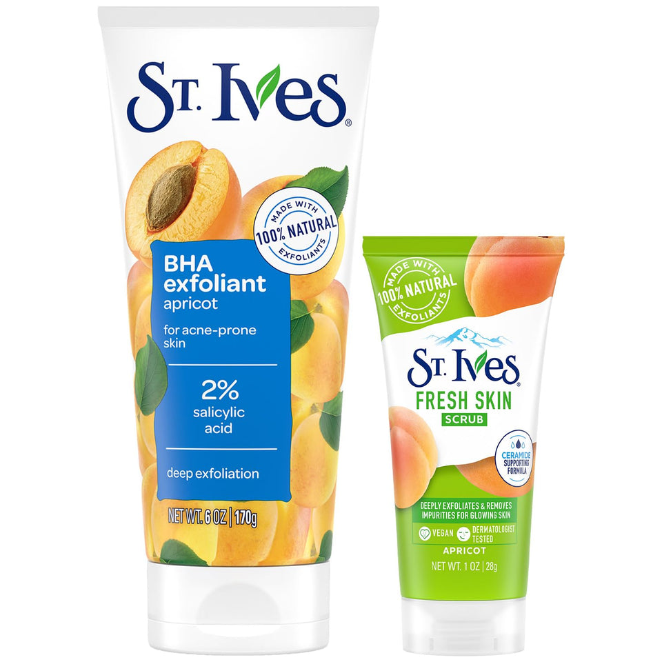 St. Ives full-size apricot scrub tube front shows clear acne-control labeling and benefits