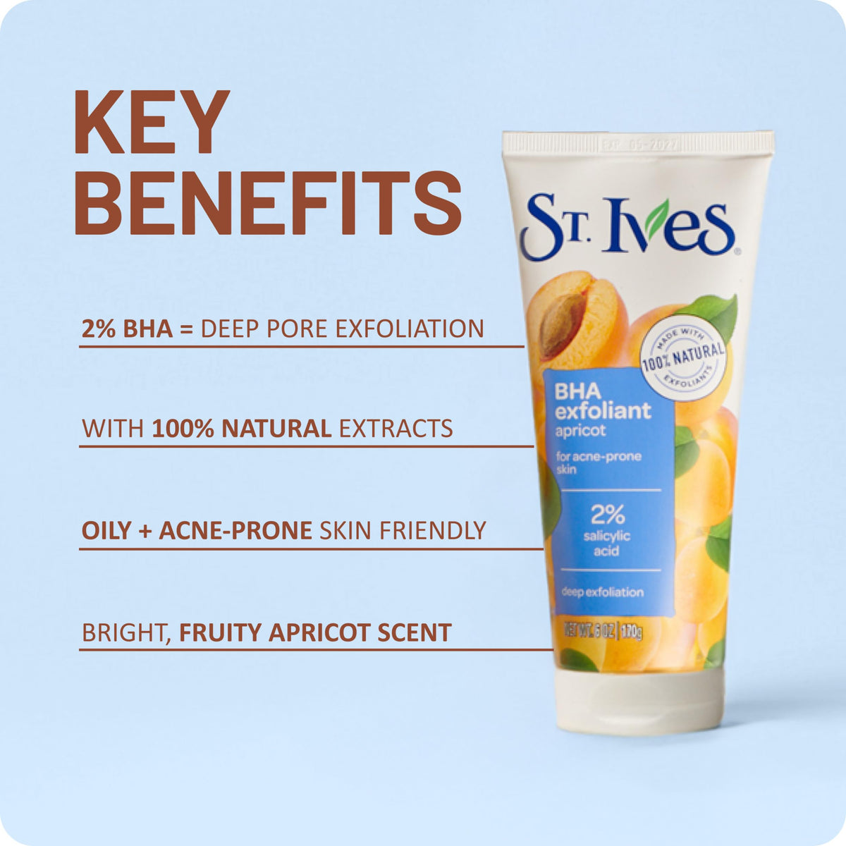 St. Ives scrub in hand showing 6 oz tube size and easy dispensing benefit