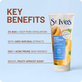 St. Ives scrub in hand showing 6 oz tube size and easy dispensing benefit