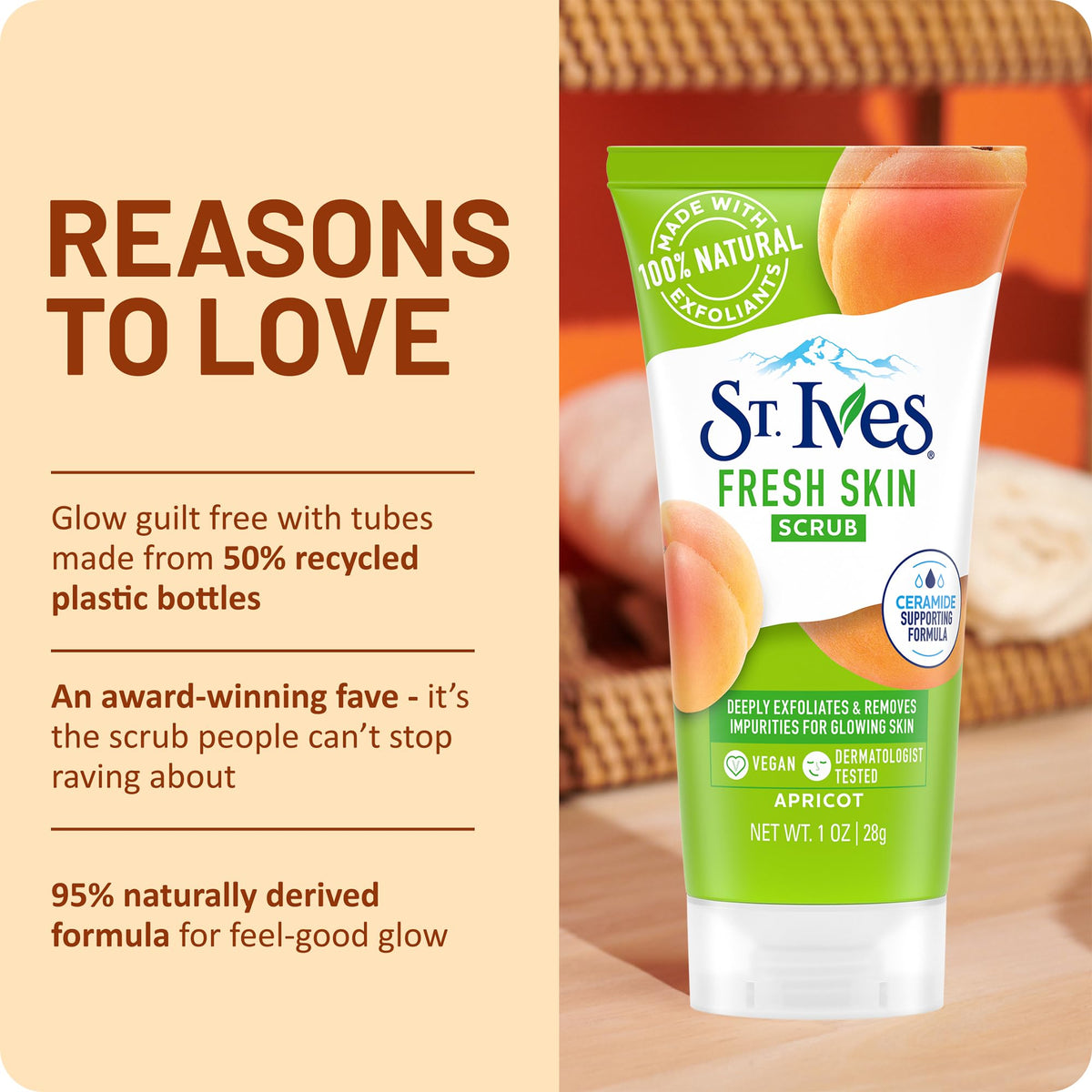 St. Ives natural apricot pits and walnut shell exfoliants highlighting ingredients