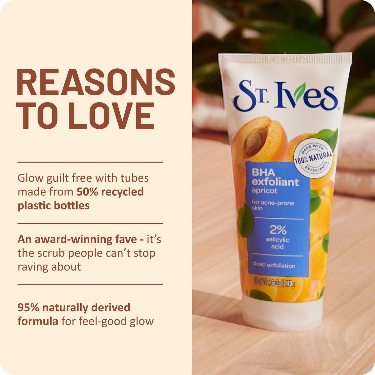St. Ives walnut and apricot exfoliants displayed to show natural polishing benefit