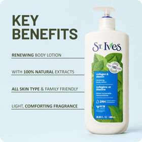 St. Ives label detail spotlighting collagen and elastin-inspired moisturizing formula