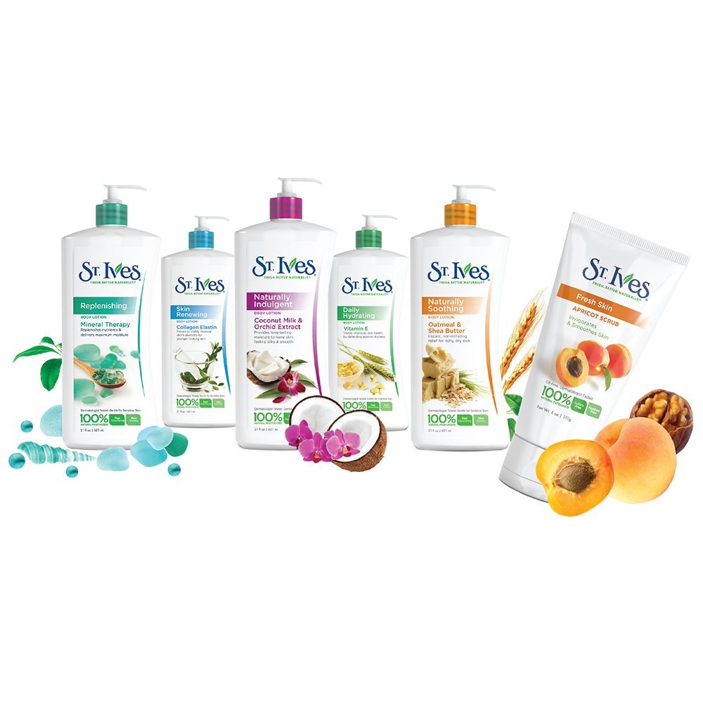 St. Ives bottle staged with oats and shea butter to highlight natural ingredients