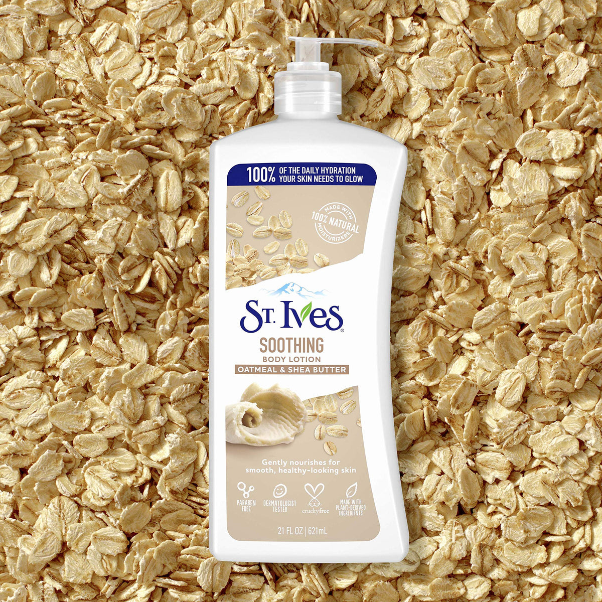 St. Ives bottle next to a hand showing 21 oz scale and large-value benefit