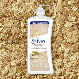 St. Ives bottle next to a hand showing 21 oz scale and large-value benefit