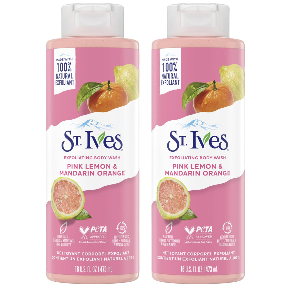 St. Ives front label showing pink lemon and mandarin orange scent and two-bottle value