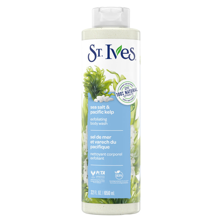 St. Ives front label showing sea salt and kelp, clear product identity and benefit