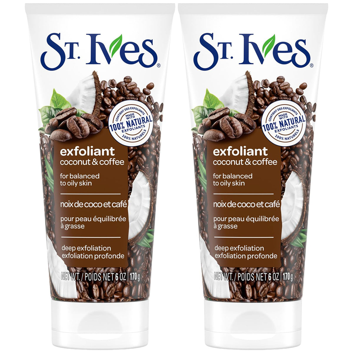 St. Ives front jar packaging showing coconut and coffee for energizing exfoliation