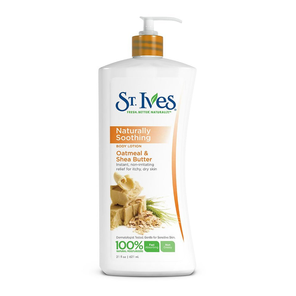 St. Ives front packaging showing oatmeal and shea bottle and benefits