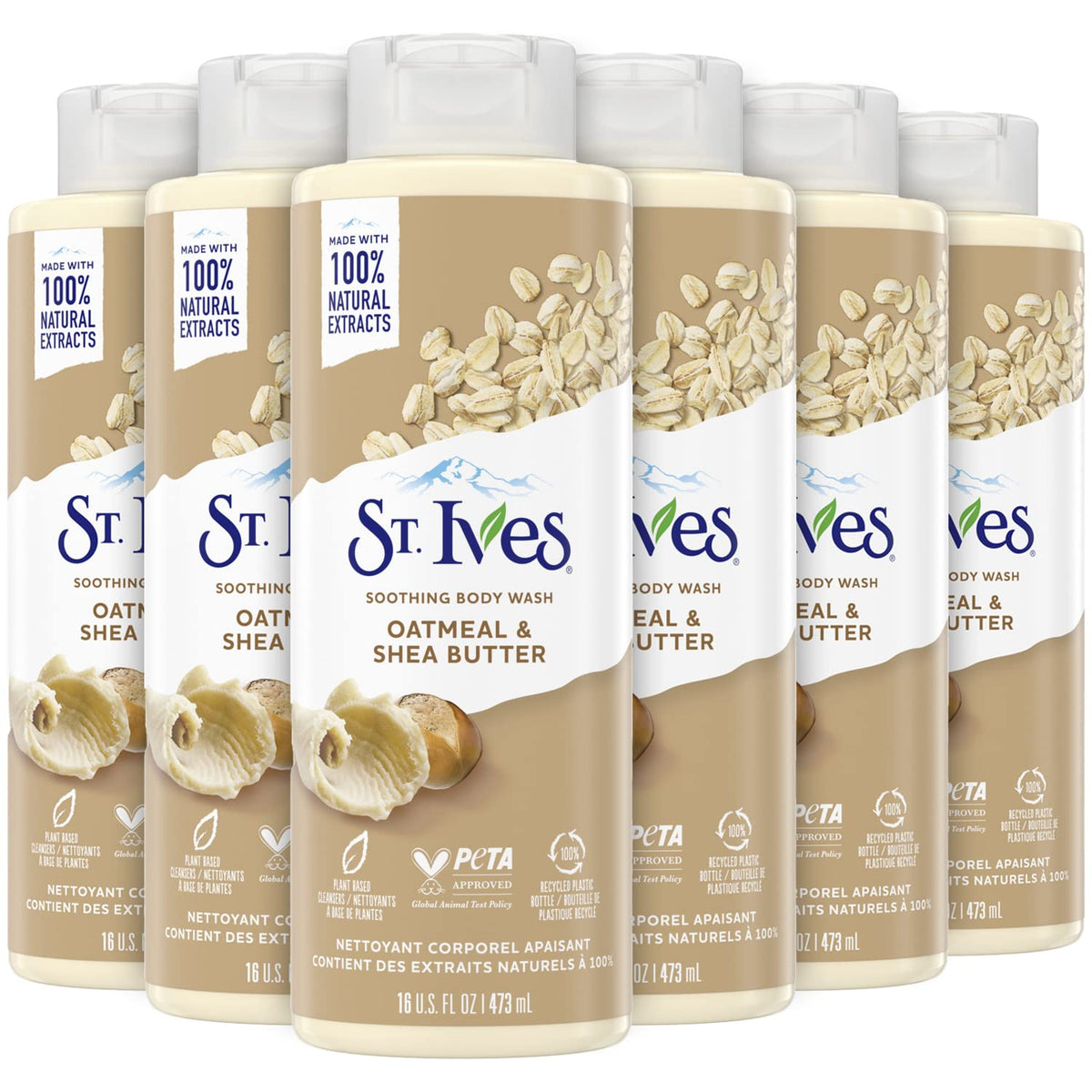 St. Ives front packaging showing oatmeal and shea butter and moisturizing benefit