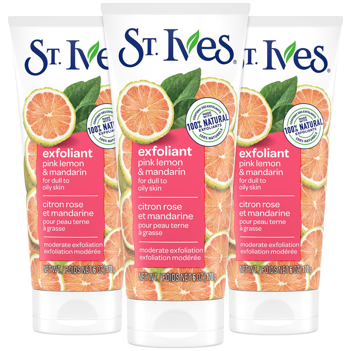 St. Ives front packaging showing bright pink lemon and mandarin — clear product identity and citrus benefit
