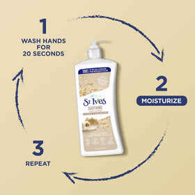 St. Ives applied to hands demonstrating hydration and non-greasy absorption