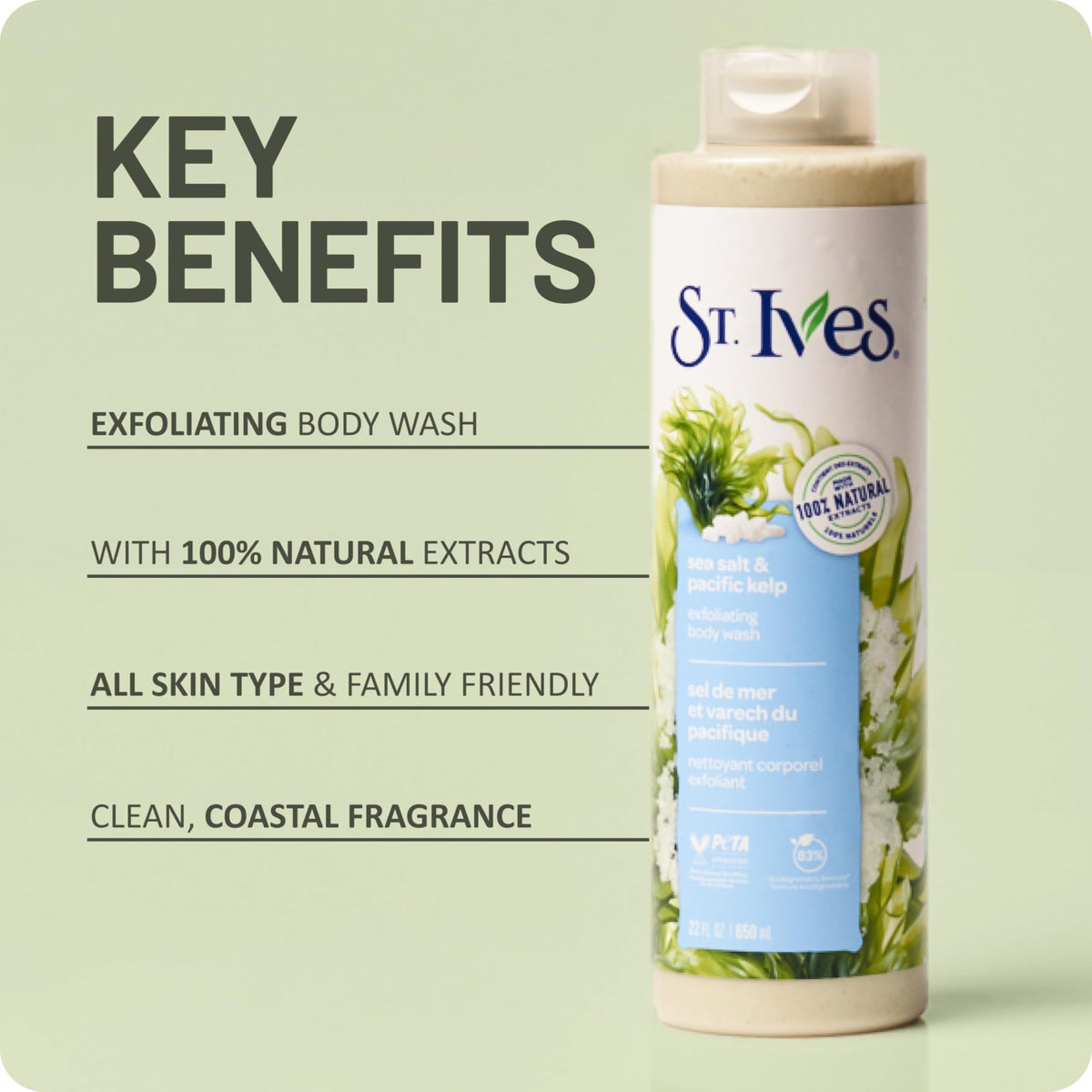 St. Ives creamy lather on skin rinses clean for smooth finish