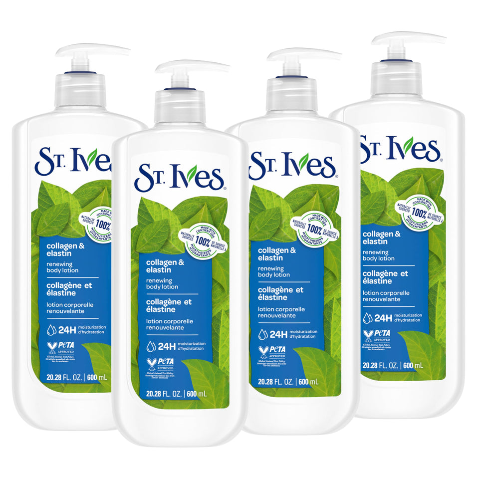 St. Ives pump front packaging showing brand and large bottle for long-lasting hydration