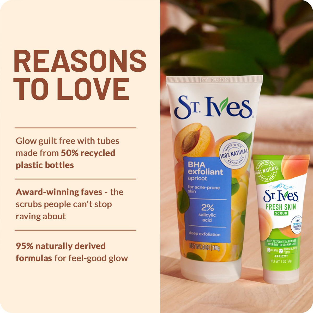 Hand holding St. Ives scrub shows scale and easy-grip tube for convenient use
