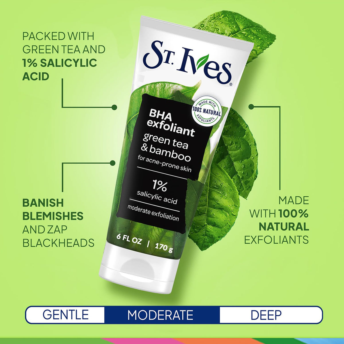 St. Ives green tea scrub texture with bamboo grit for pore cleaning