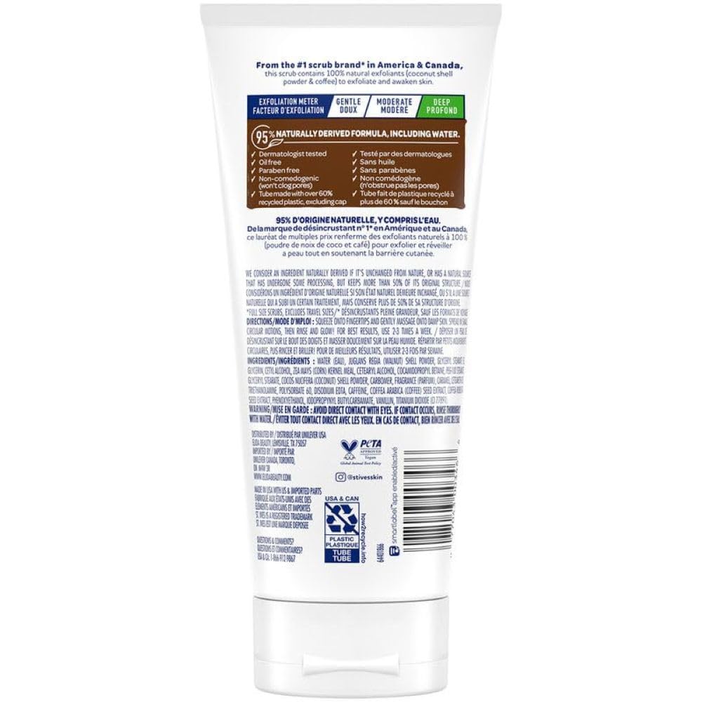 st. ives closeup of tube label highlighting coconut and coffee exfoliant features