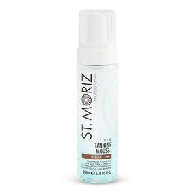 ST. MORIZ front packaging showing clear tanning mousse and benefits