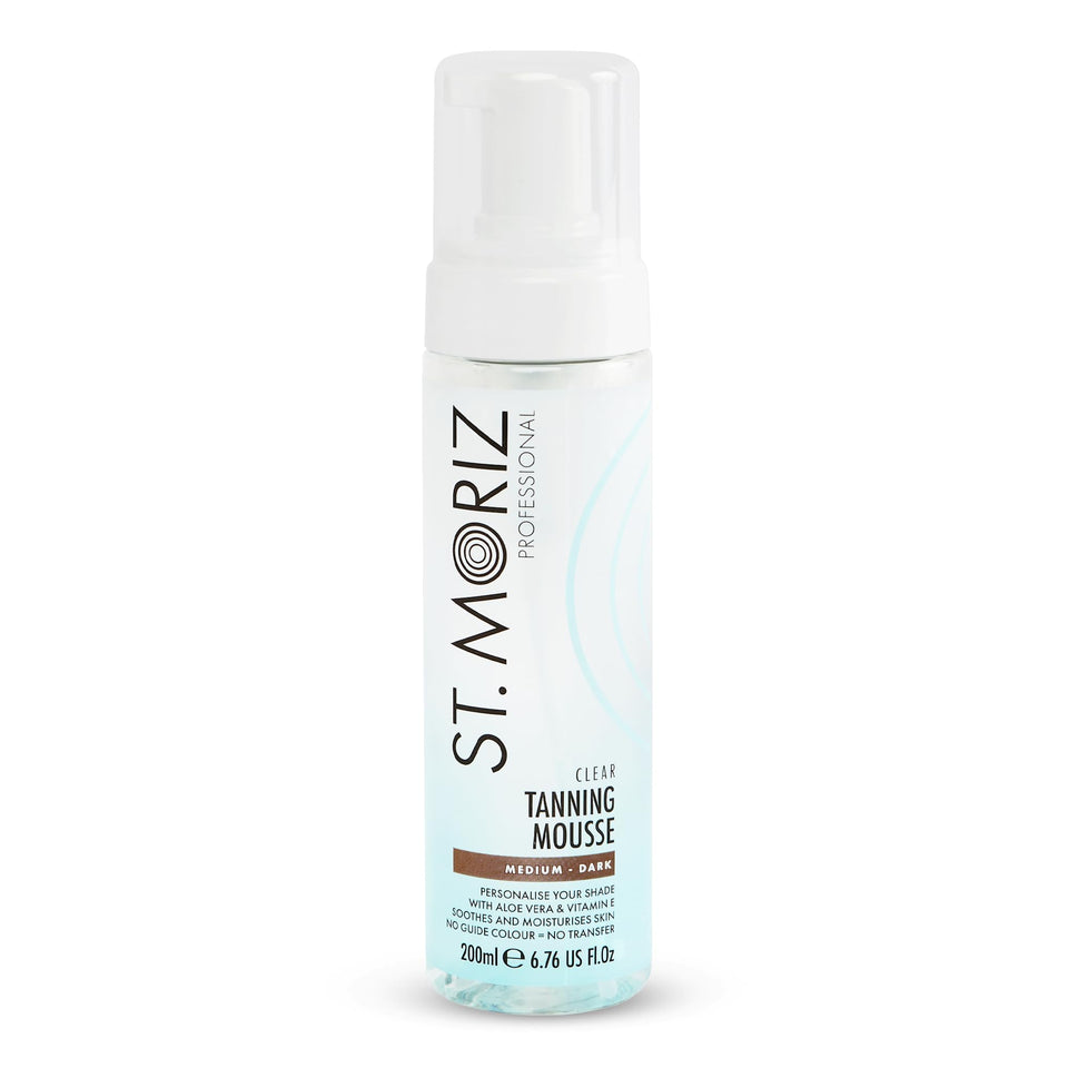 ST. MORIZ front packaging showing clear tanning mousse and benefits
