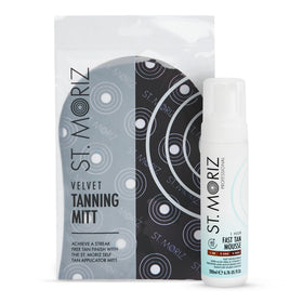 ST. MORIZ front bottle showing label and benefits for quick tanning