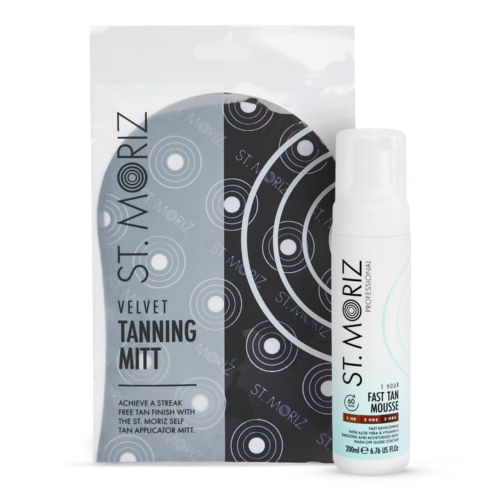 ST. MORIZ front bottle showing label and benefits for quick tanning