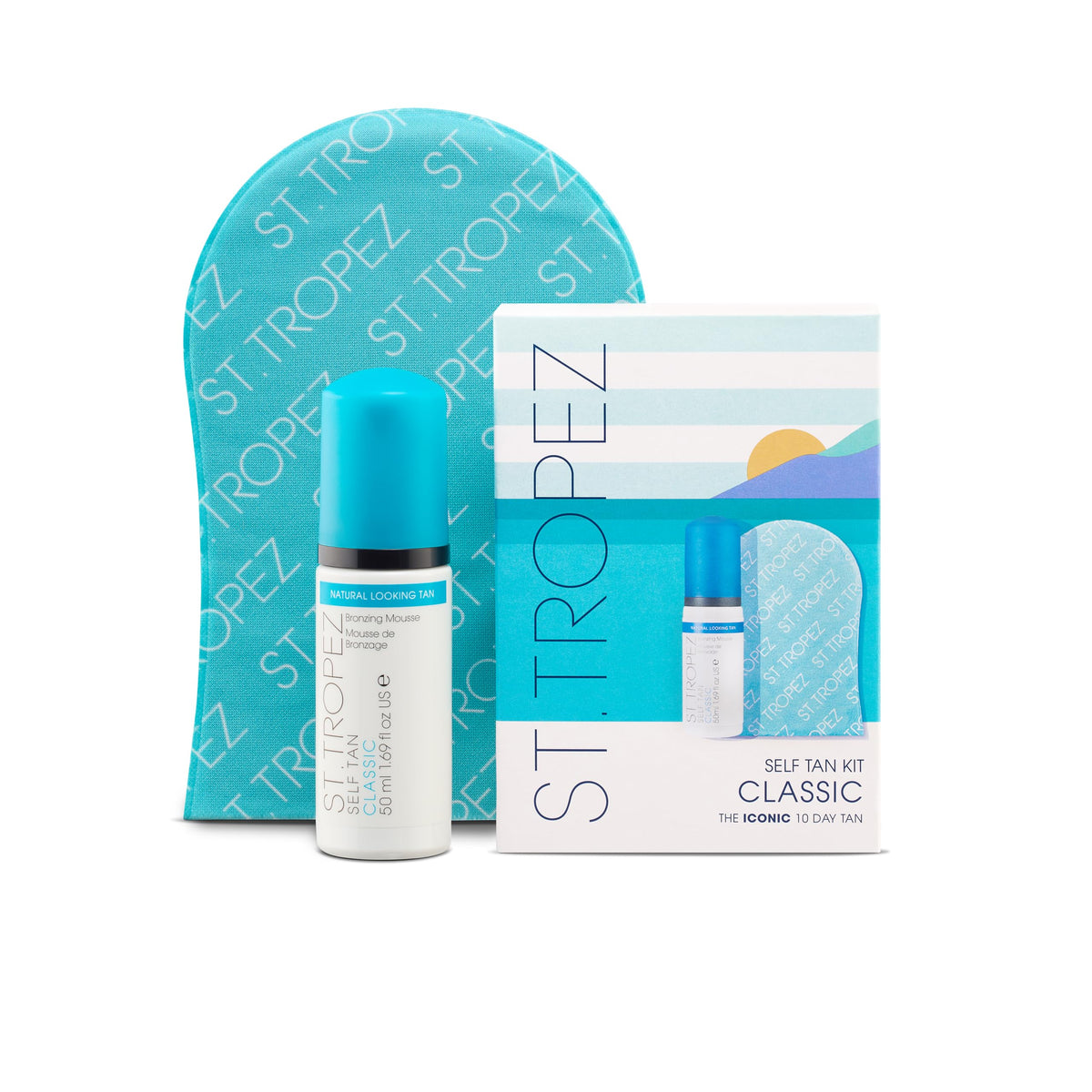 St.Tropez mini kit front packaging showing product and mitt for travel convenience