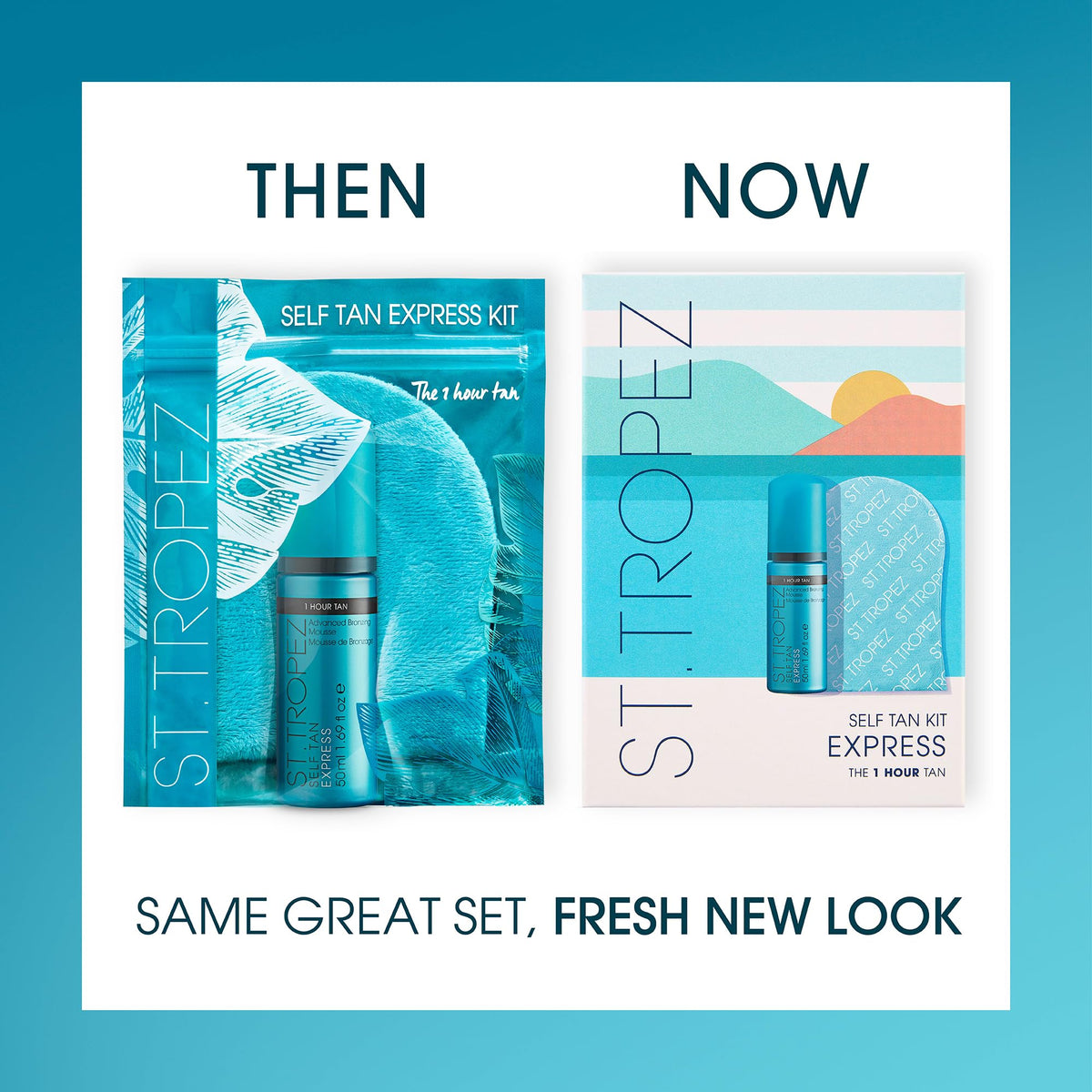 St.Tropez mini kit in a toiletry bag on a dresser, perfect for on-the-go tanning