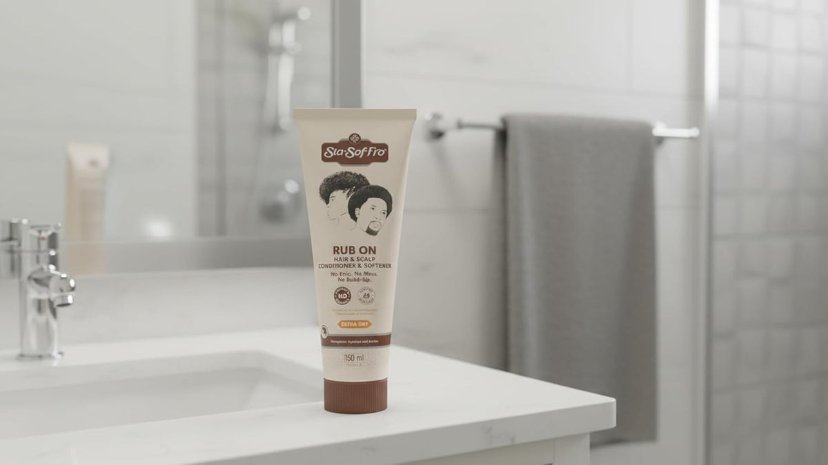 Sta-Sof-Fro in use by woman applying to scalp, convenient targeted hydration benefit