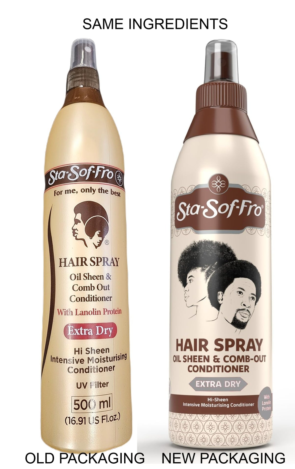 Sta-Sof-Fro spray in use on curly hair demonstrating detangling and easier comb-out benefit