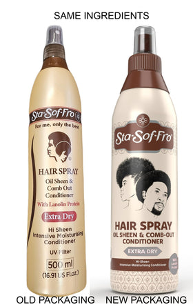 Sta-Sof-Fro spray in use on curly hair demonstrating detangling and easier comb-out benefit