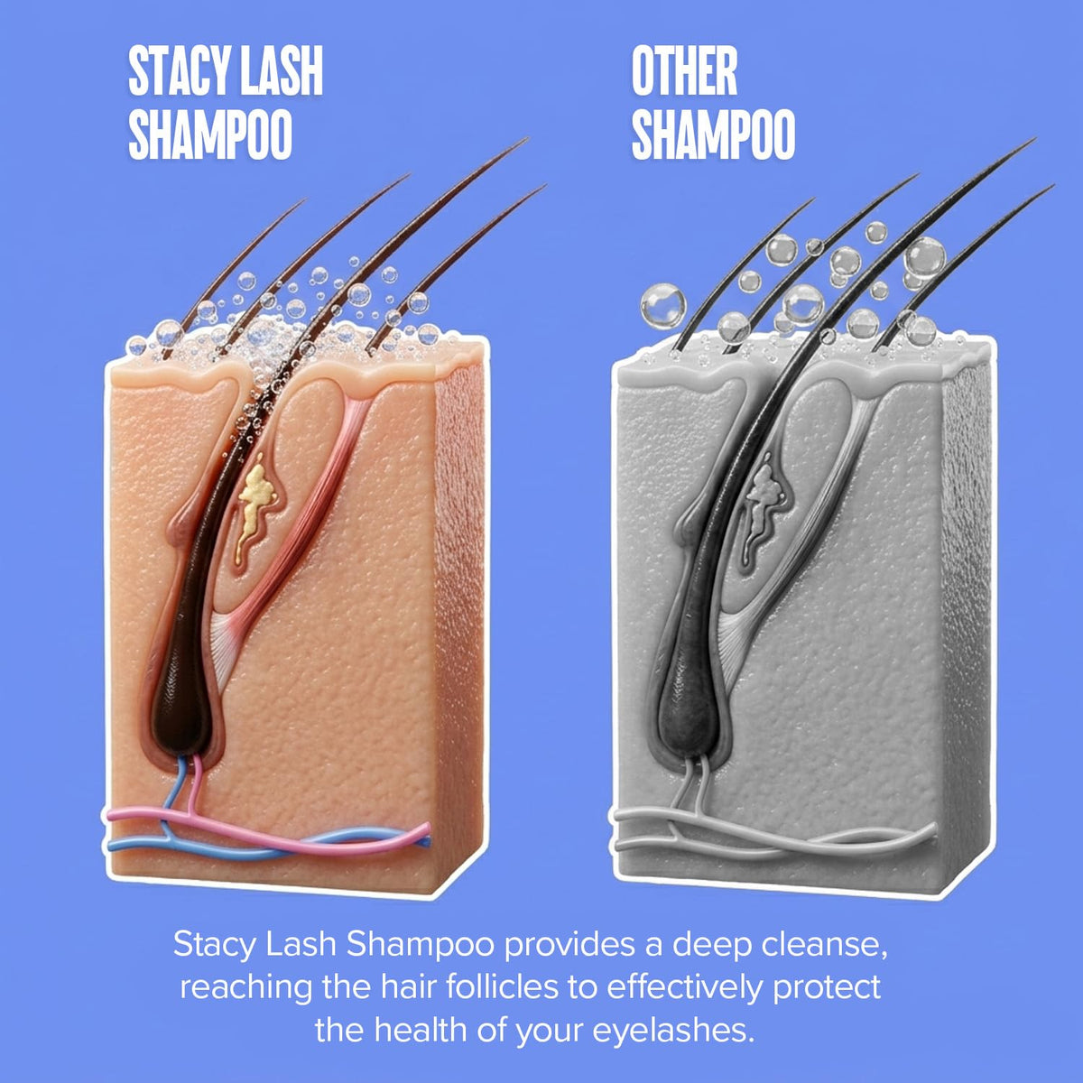 STACY LASH before and after lashes showing reduced buildup and cleaner lash line