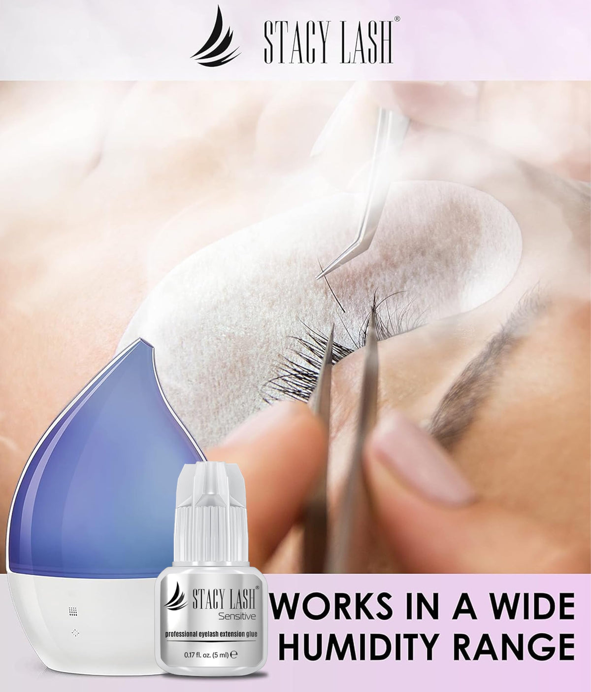 STACY LASH label close-up noting 5–6s dry time and low-fume formula for comfort
