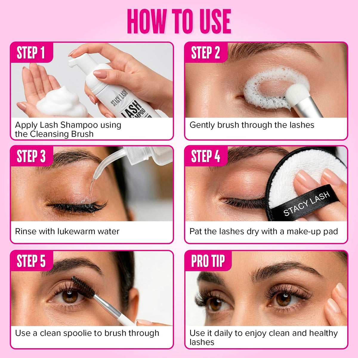 STACY LASH spoolie being used to comb lashes, showing improved debris removal and hygiene