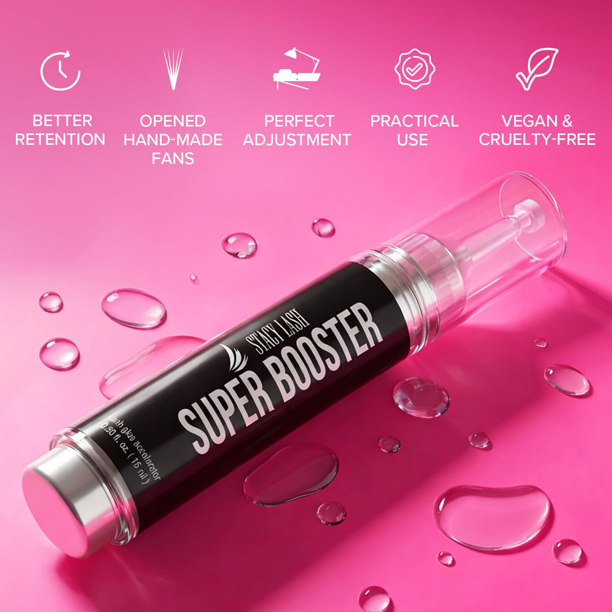 STACY LASH viscous booster drop close-up showing texture for fast curing benefit