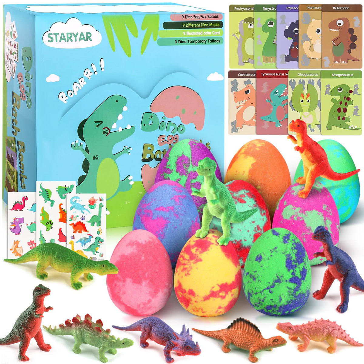 STARYAR pack front view showing nine colorful dino egg bath bombs and benefits