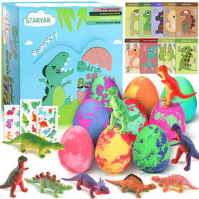 STARYAR pack front view showing nine colorful dino egg bath bombs and benefits