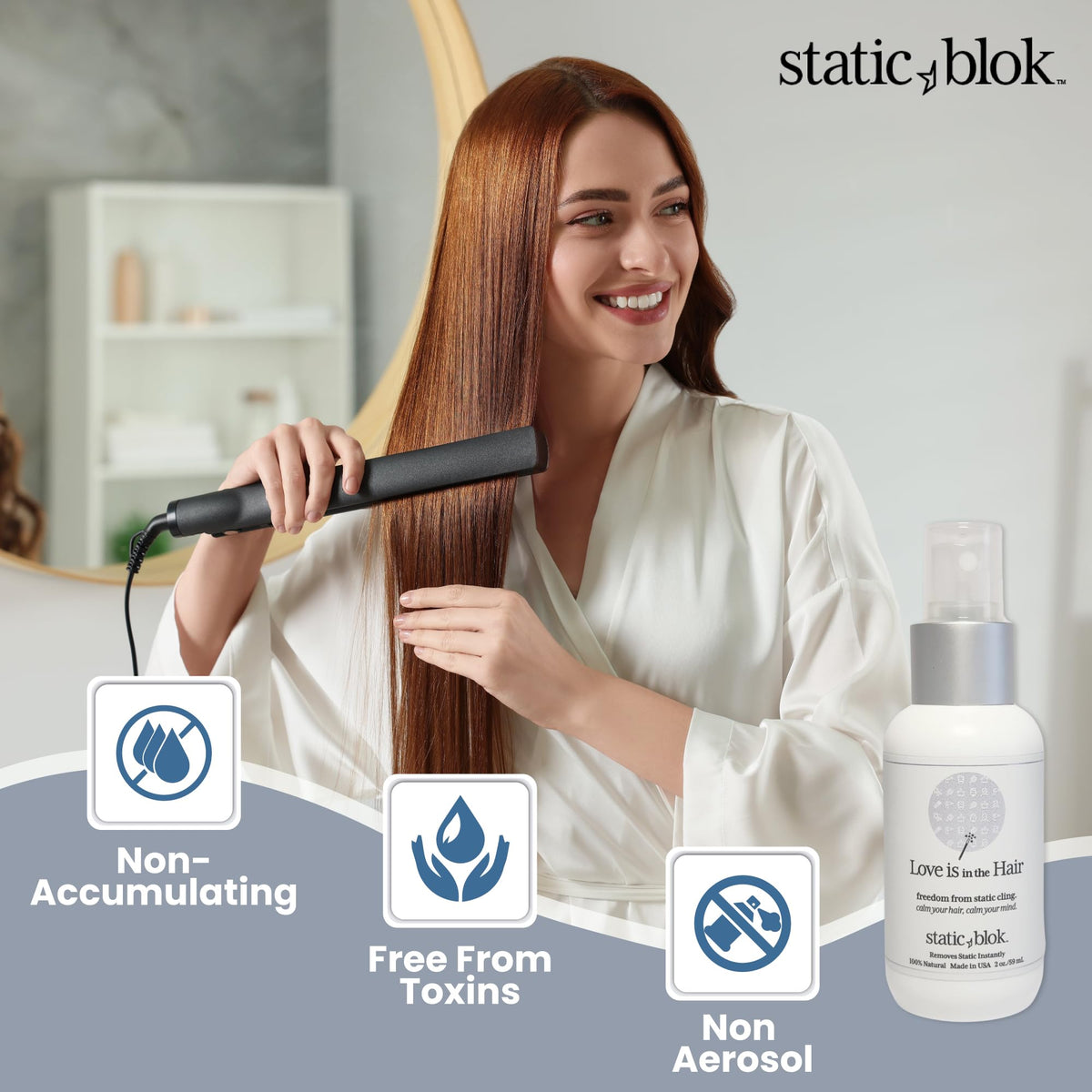 Static Blok 2oz travel bottle in hand for portability and quick touch-ups