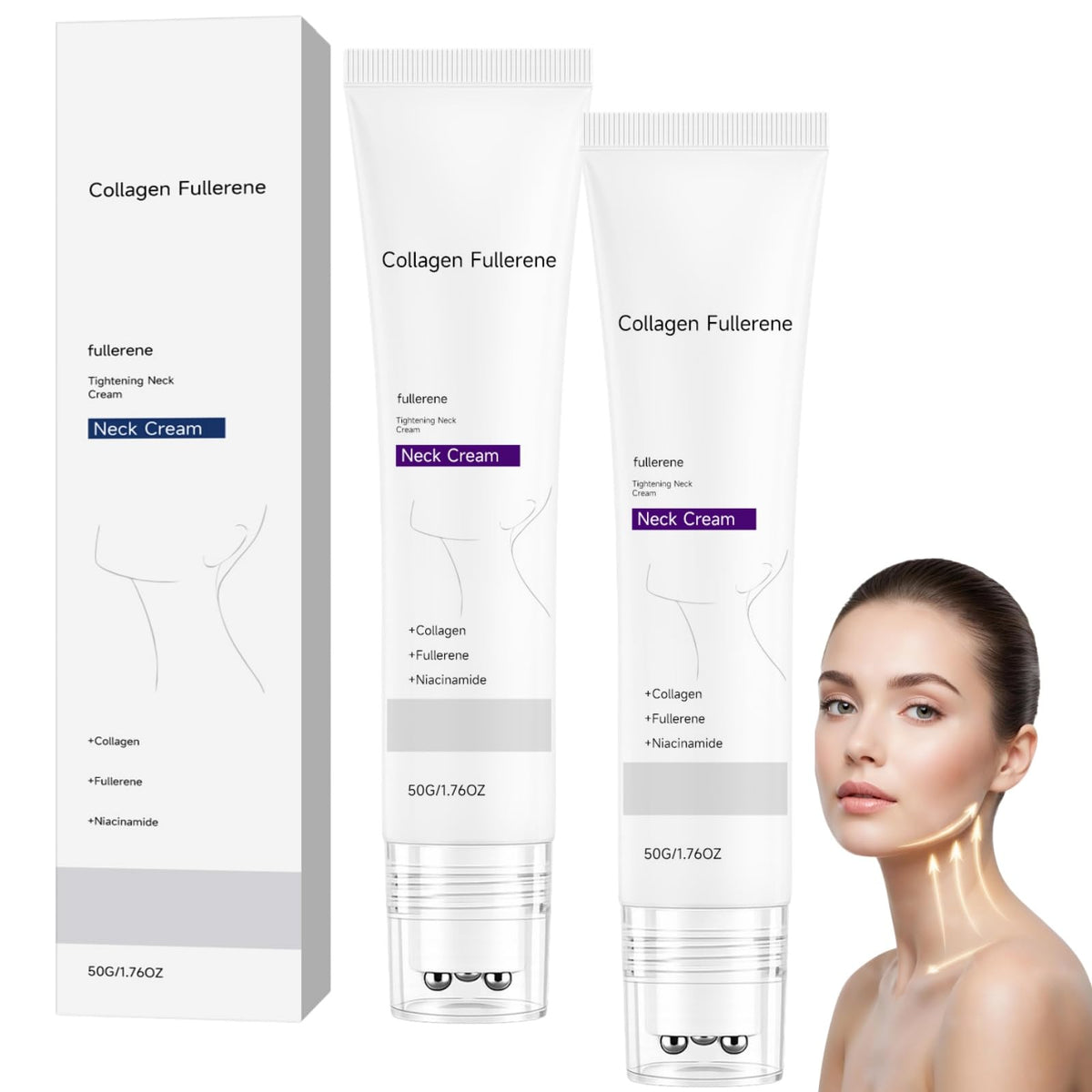 STDKDFW front packaging of neck cream duo showing roller for easy lifting