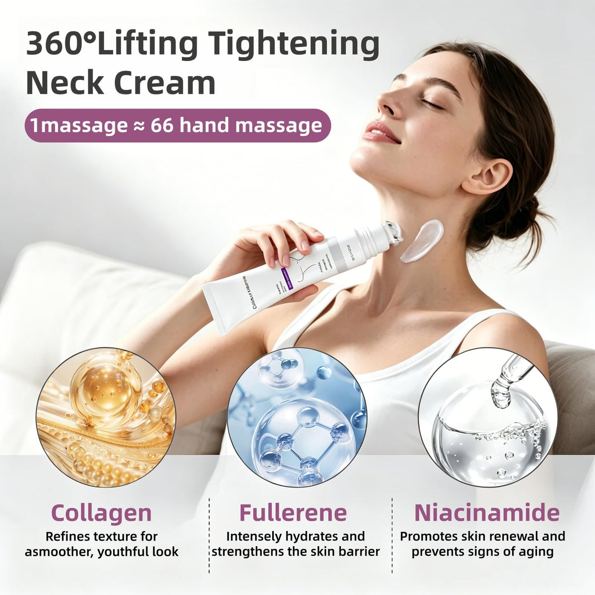 STDKDFW label close-up highlighting collagen peptides and fullerene benefits