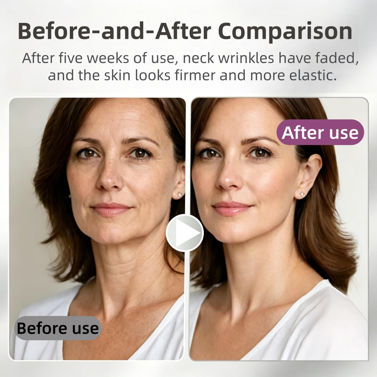 STDKDFW model applying cream to neck with roller for firmer-looking contours