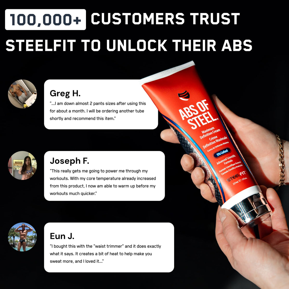 SteelFit label close-up highlighting CoAxel, L-Carnitine and caffeine benefits